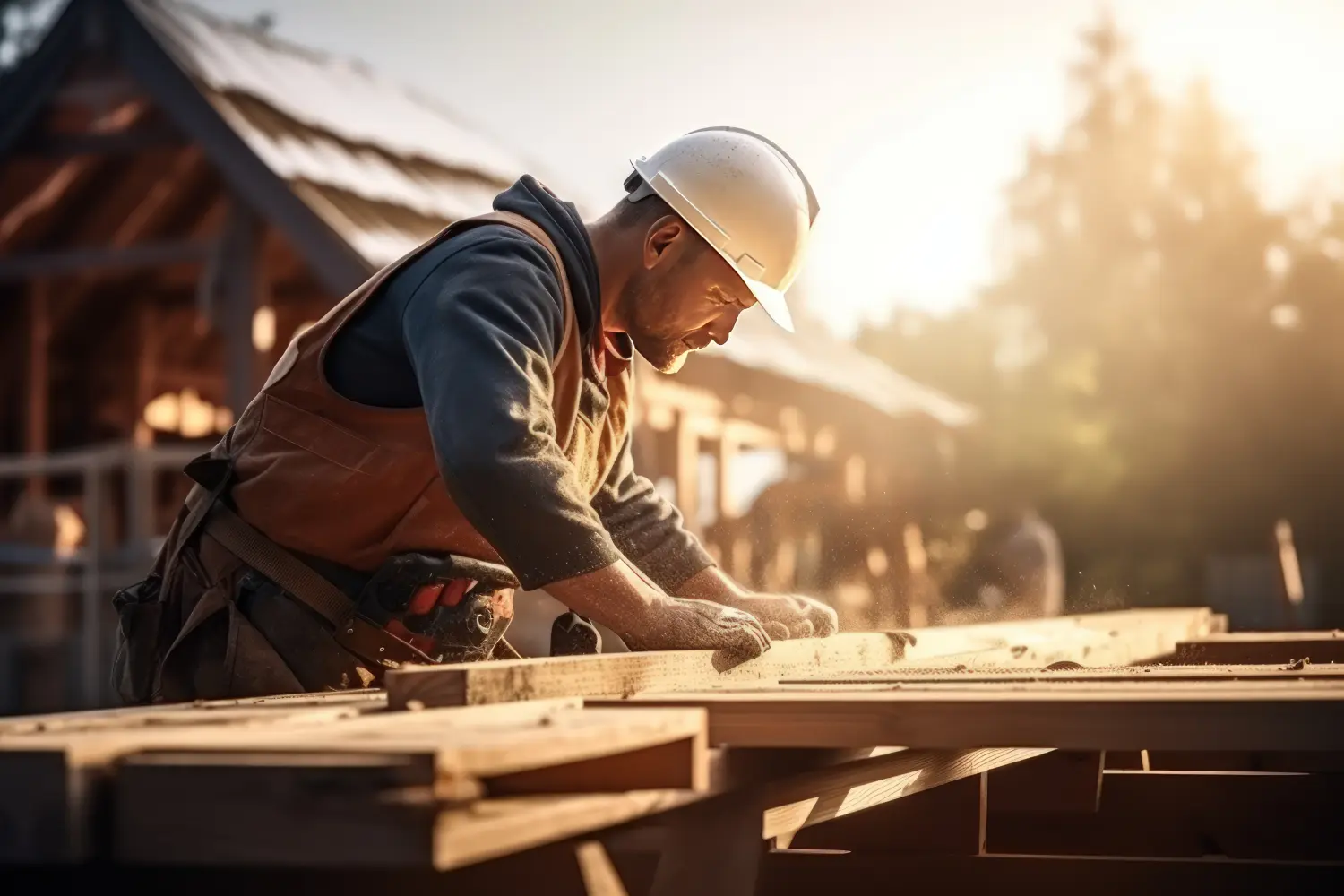 Ein männlicher Arbeiter ist dabei, die Holzkonstruktionen des Daches eines Hauses zu verstärken
