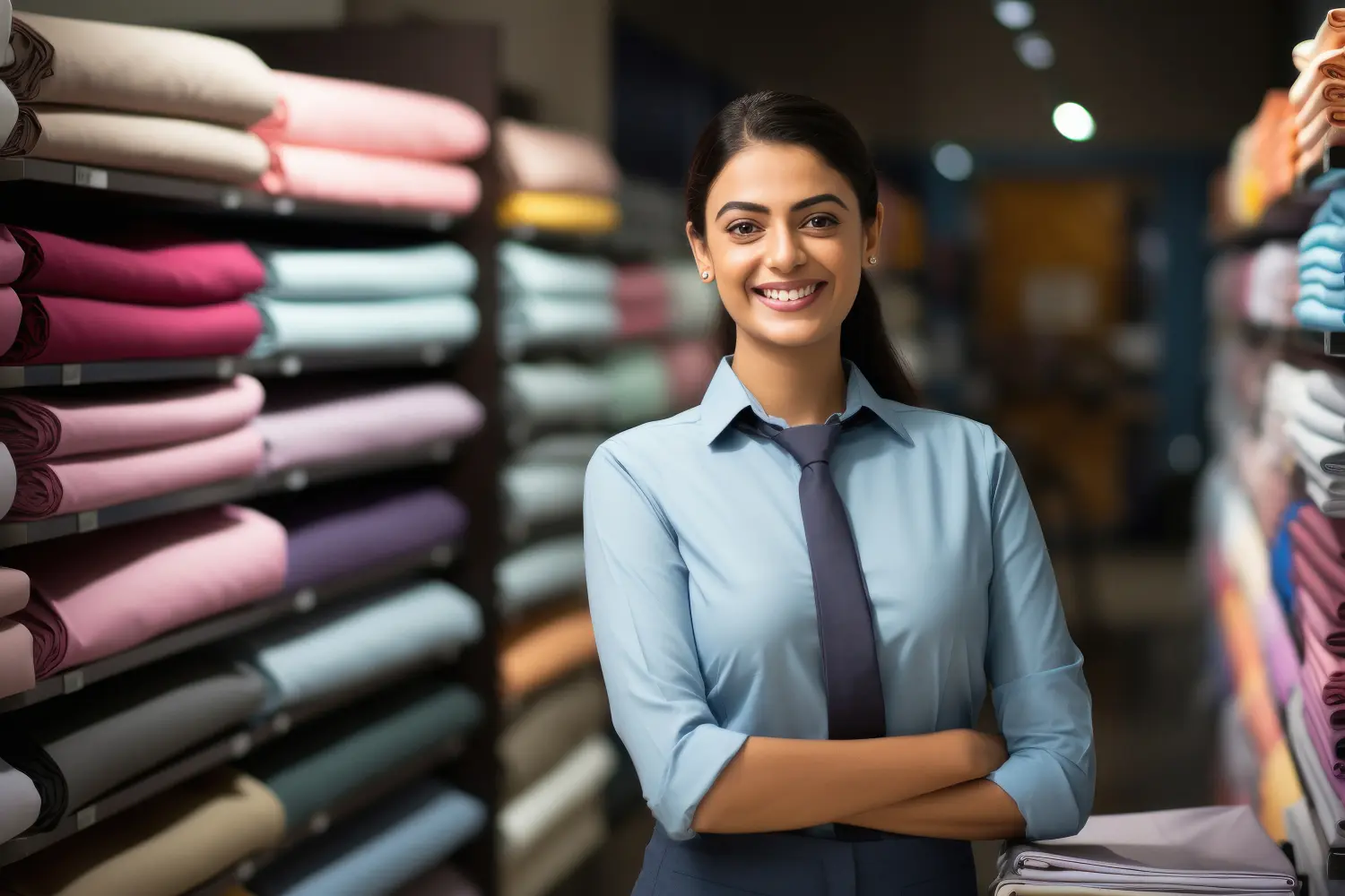 Junge indische Verkäuferin steht im Bekleidungsgeschäft.